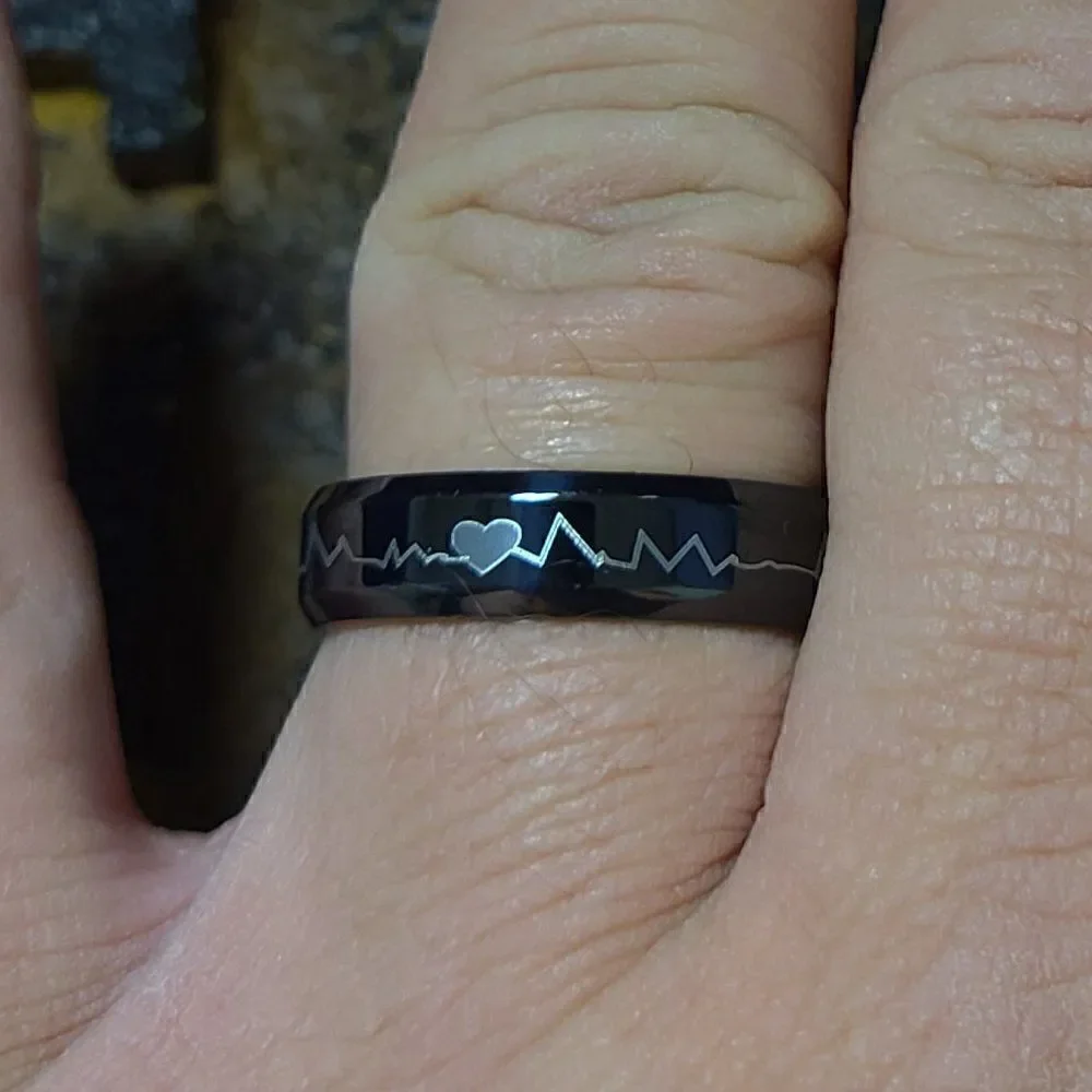Men's Black Heartbeat Wedding Ring Band  - Heartbeat Wedding Ring For Him